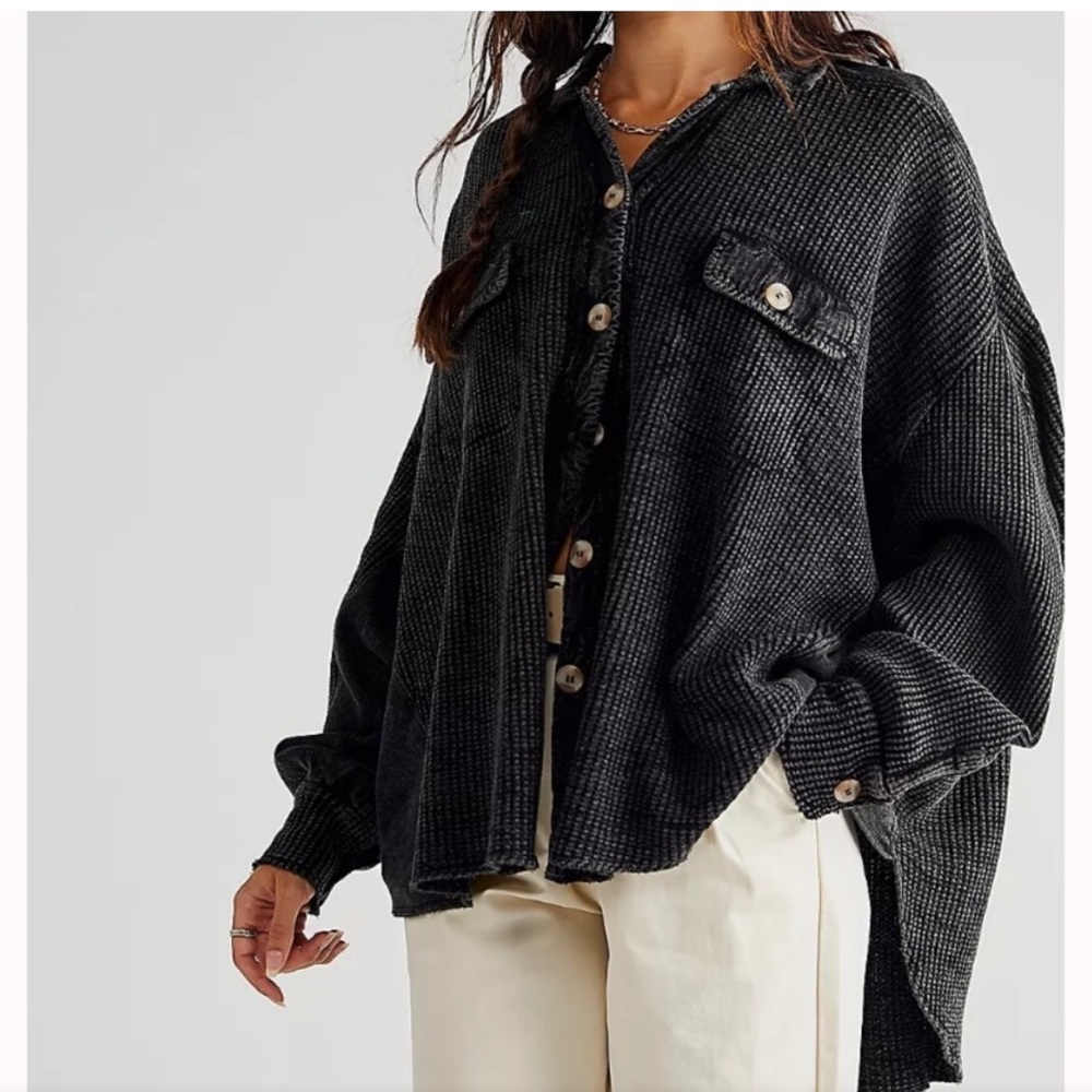 Free People Scout Waffle Knit Oversized Slouchy Shirt Jacket Black XS